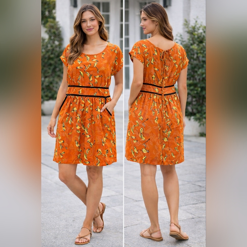 INFLUENCE Bird Print Dress Size 14 Black Trim Pockets Tie Back Casual Day Dress
